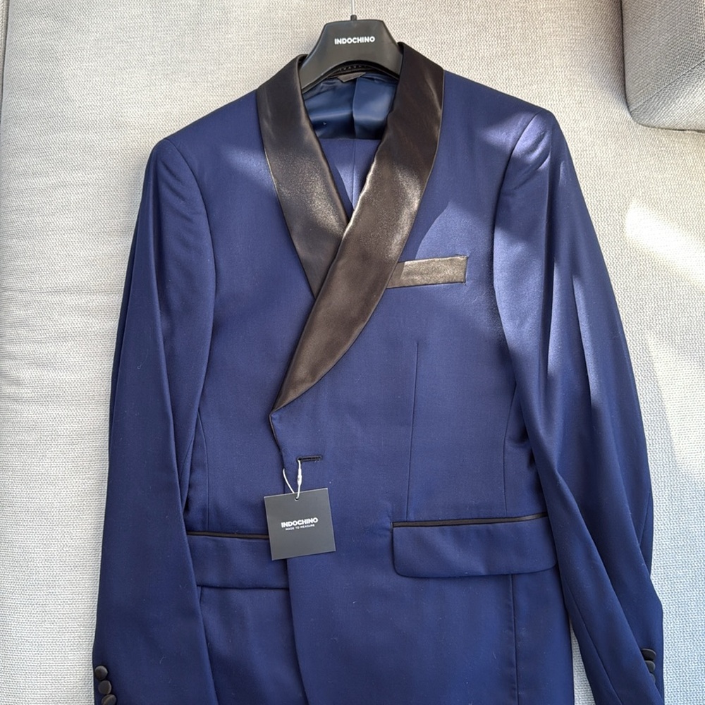 Indochino — made to measure black and blue tuxedo (size 38)